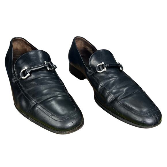 Vintage Salvatore Ferragamo Gancini Black Leather Slip On Loafers Size 9 2 EE